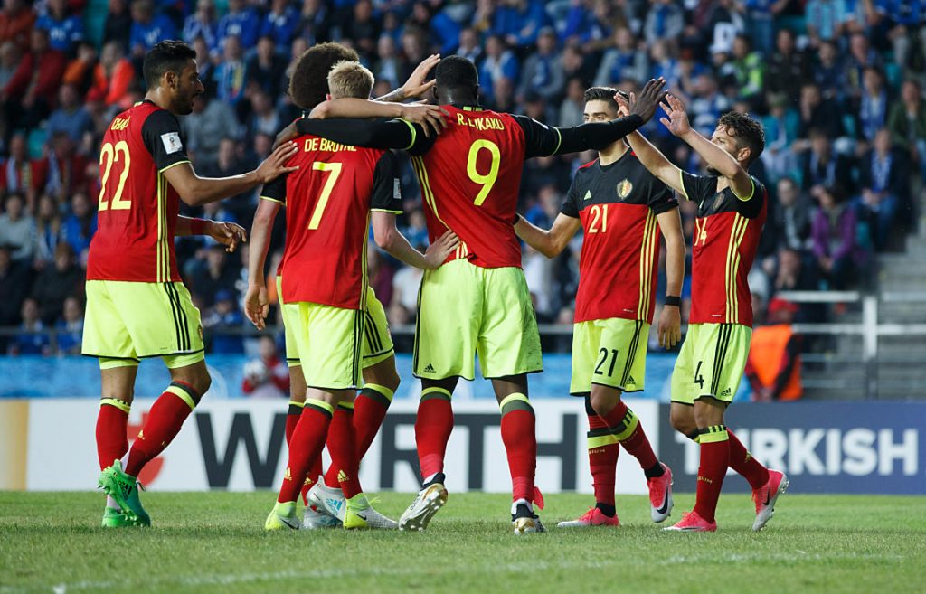 Belgiens Spieler feiern den Sieg gegen Estland am 9.Juni 2017. / AFP PHOTO / Raul Mee